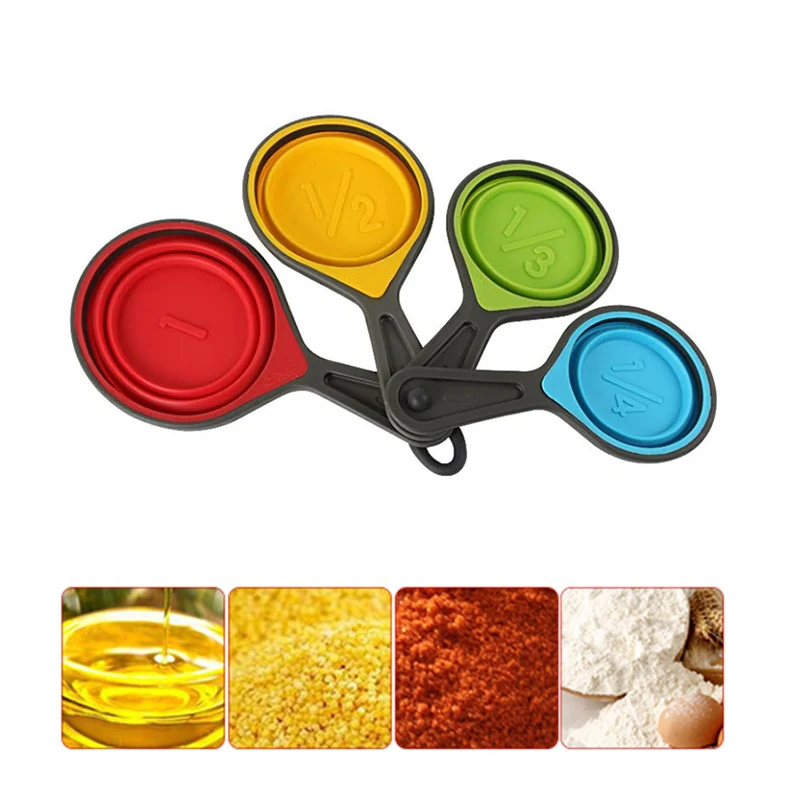 Tasse à mesurer pliante rétractable en silicone, cuillère à mesurer, ensemble de qualité alimentaire, cuisson, café, sucre, outils de cuisson, 4 pièces