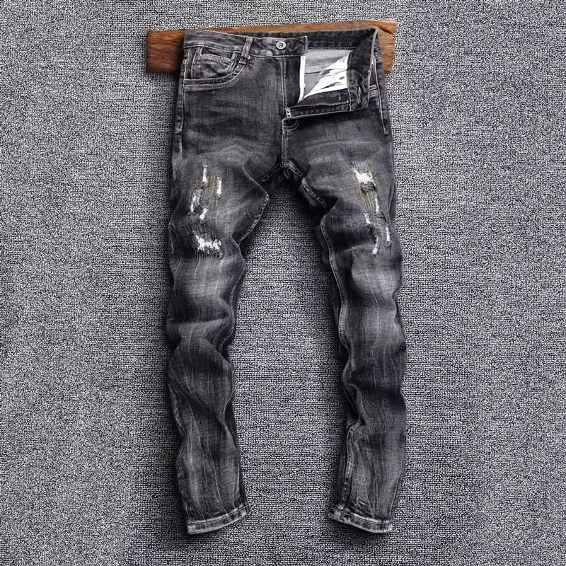 

Newly Fashion Vintage Men Jeans Retro Black Gray Stretch Slim Fit Ripped Jeans Men Embroidery Designer Casual Denim Pants Hombre