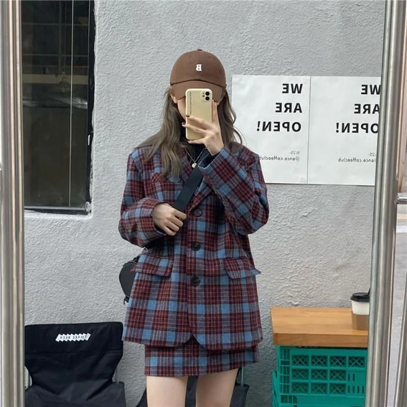 Fashion Two-piece Suit Women Winter New Style Korean Plaid Woolen Blazer + High Waist A-line Skirts Sets Female