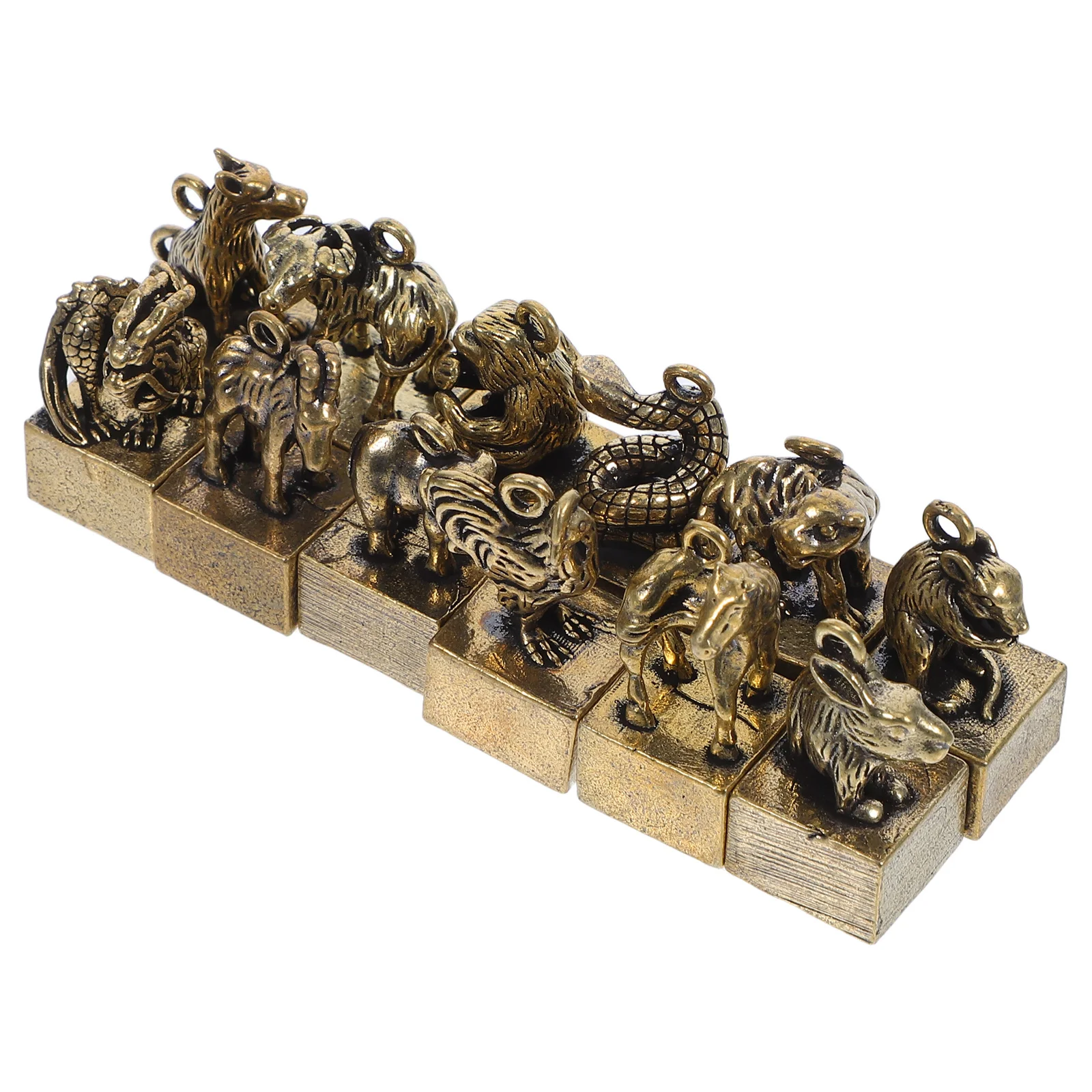 

12Pcs Brass Zodiac Animals Sculptures Retro Style Desktop Ornaments Collection Decoration Craft for Home Office Decor