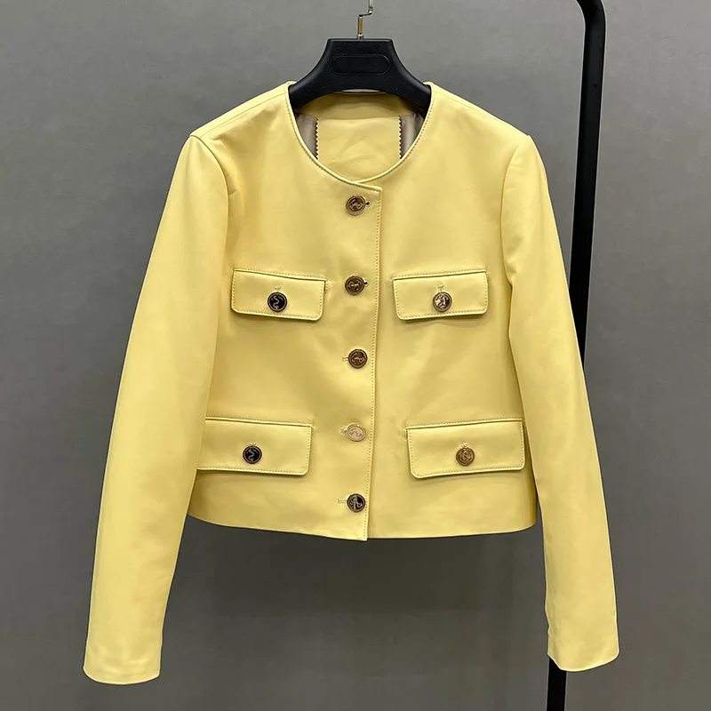 Chaqueta de piel de oveja auténtica para mujer, abrigo de bombardero con cuello redondo a la moda, primavera y otoño, FG8294, 2023