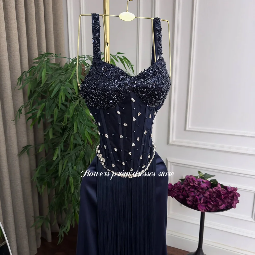 Flowers Mermaid Prom Dress with Rhine Stones Beading Evening Dresses with Tassels Straps Party Dress Robe De Soirée Customized