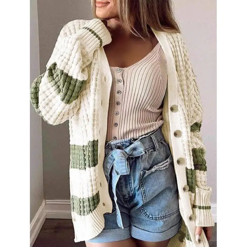 

Casual Women's Button Cardigan Color Blo Cross-Border Knitted Sweater Collar Nine Sve Length Deformation Resistant