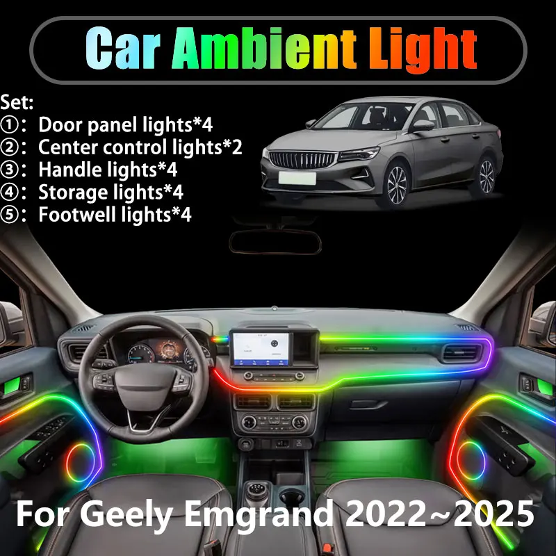 

For Geely Emgrand SS11 2022~2025 MK4 2/18 in 1 Car ambient lighting Led trunk interior led lights USB RGB Ensemble Streamer Auto