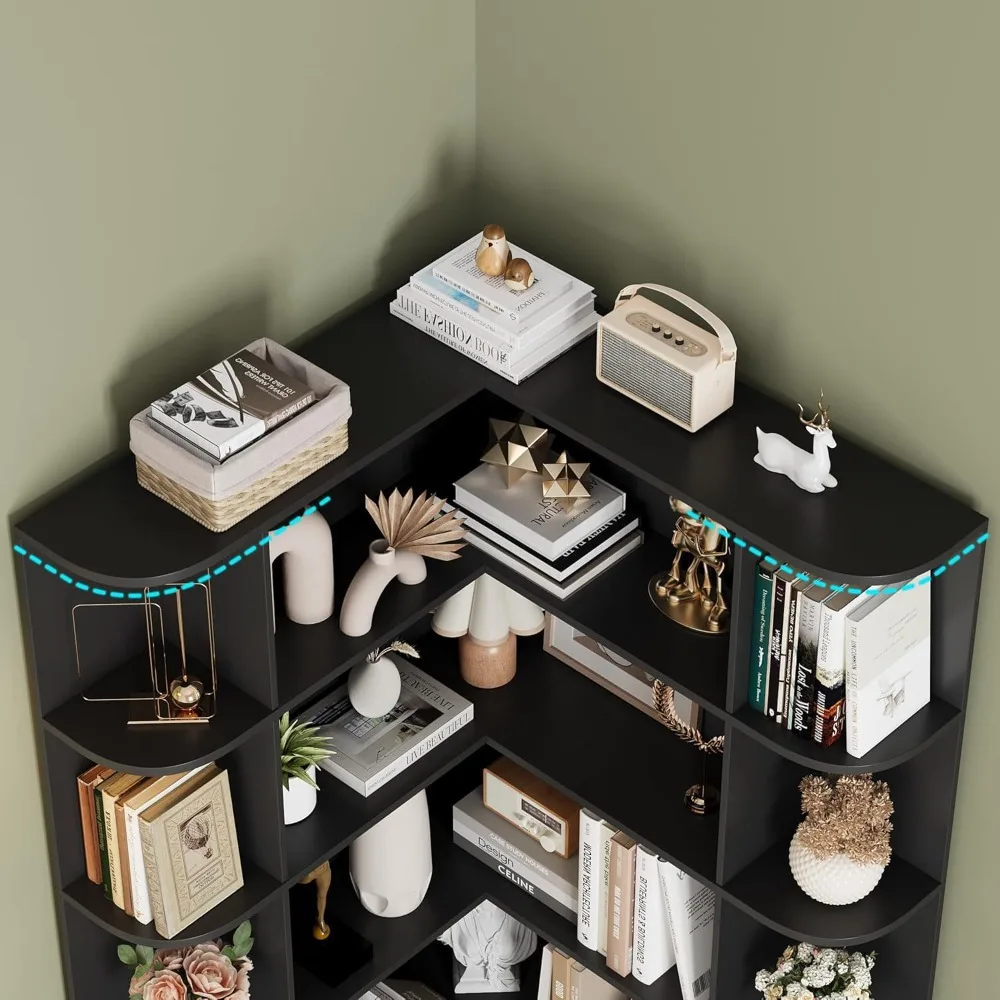 رف كتب زاوية طويل 74 بوصة، رف كتب من 6 طبقات وخزانة كتب مع مساحة تخزين مفتوحة، خزائن كتب طويلة على شكل حرف L، رف تخزين خشبي