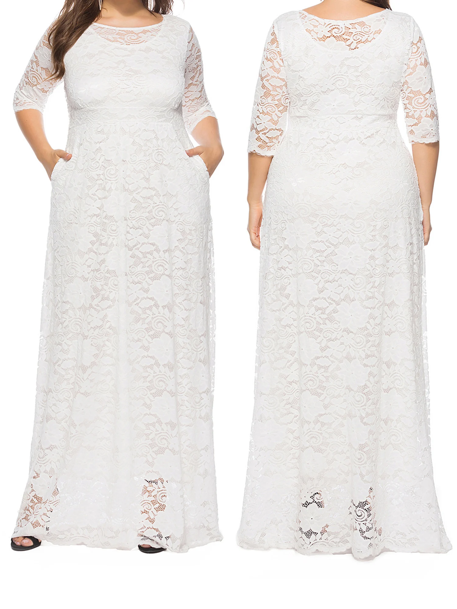 Vestido largo de encaje floral para mujer, media manga, cuello redondo, talla grande, fiesta de noche en la playa, vestido fluido