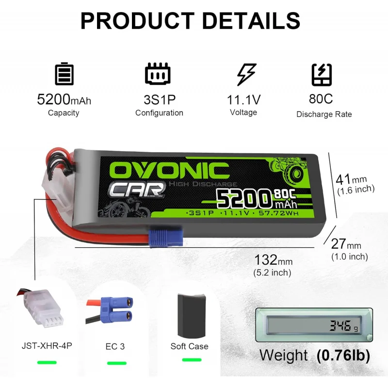 OVONIC 3S Lipo Battery 5200mAh 11.1V 80C with EC3 Plug Battery for RC Car Boat Truck Helicopter Airplane Racing Models(2 Pack)