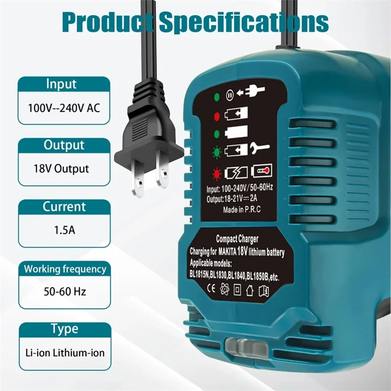 Portable Quick Charger For Makita/Dewalt/Milwaukee/Bosch 18V Lithium Battery,Mini Size Compact Charger With LED Indicator