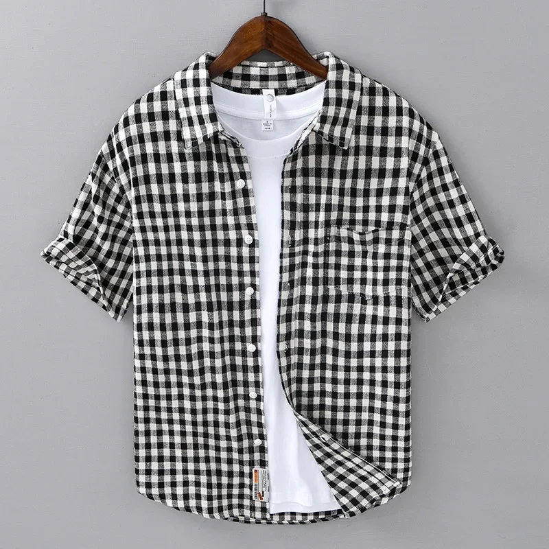 

Summer Harajuku Mens Plaid Shirt Short Sleeve Daily Casual Shirts Comfortable Tops Lapel Pocket Pure Cotton Button Shirts Male
