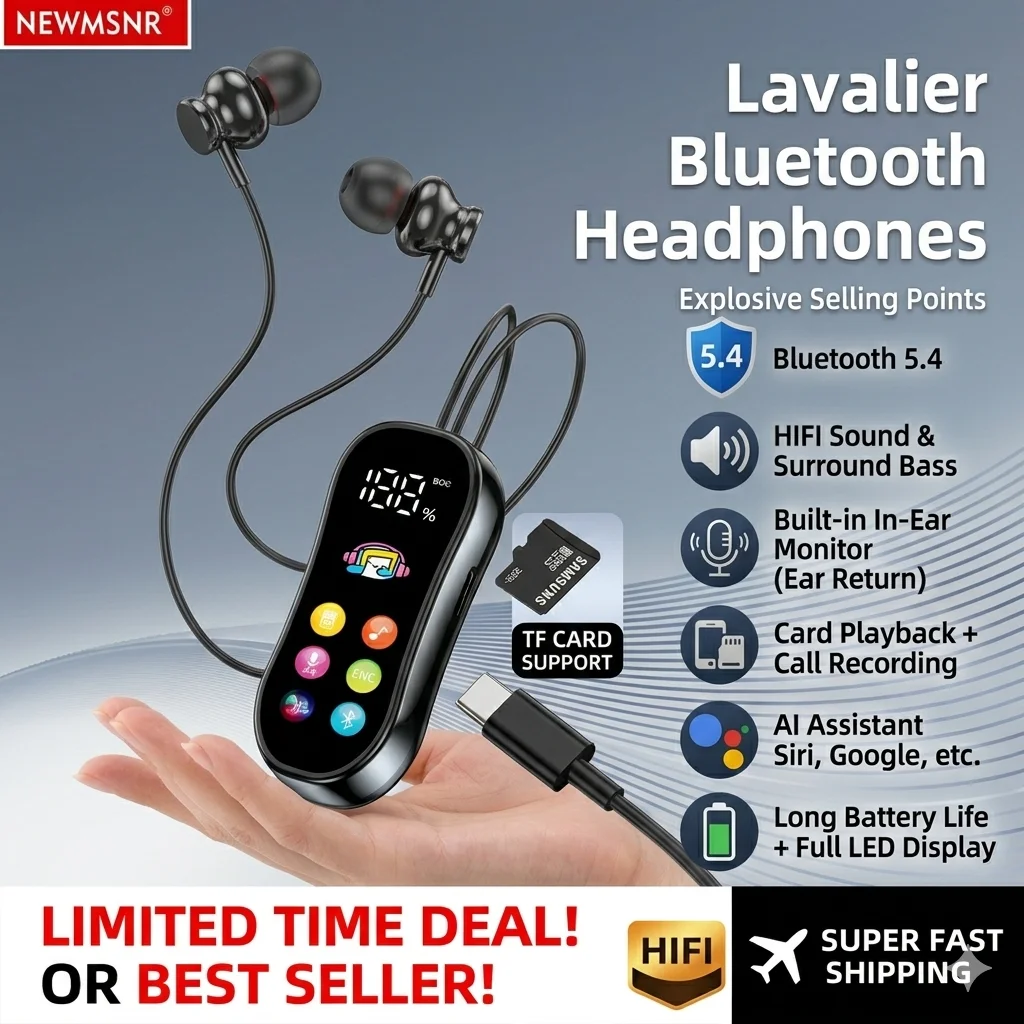 Lavalier Bluetooth 5.4 Earphones 30H Play Wireless Headphones with LCD Power Display HIFI Stereo Sports Earbuds Support TF Card