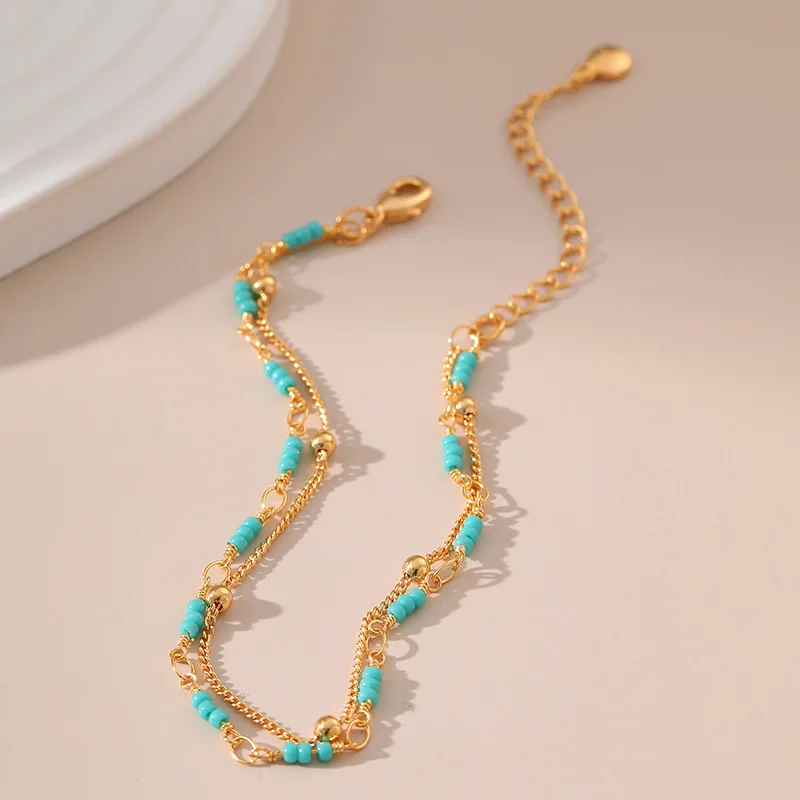 Handmade Turquoise Hand String 18K Gold Plated Double Bead chain Women Bracelets National Style Jewelry Lady Gifts