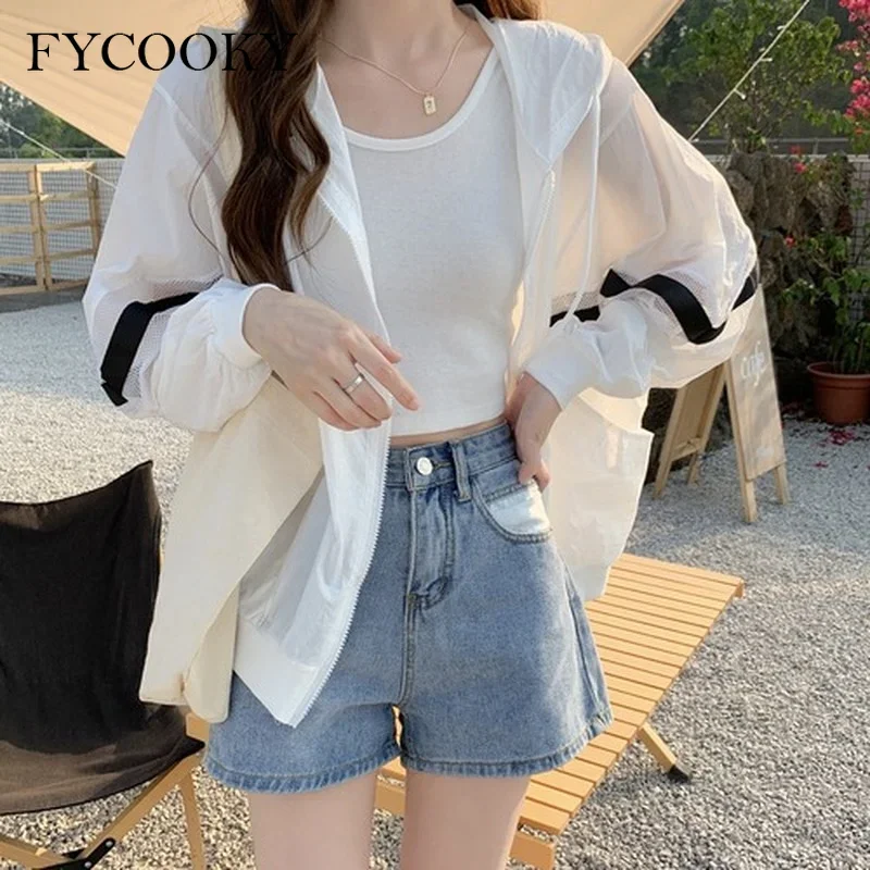 

New Hollow Striped Jacket Women Sun Protection Clothing Summer Thin See Through Coat 2021 Fashion Hooded Oversized Outwear Tops