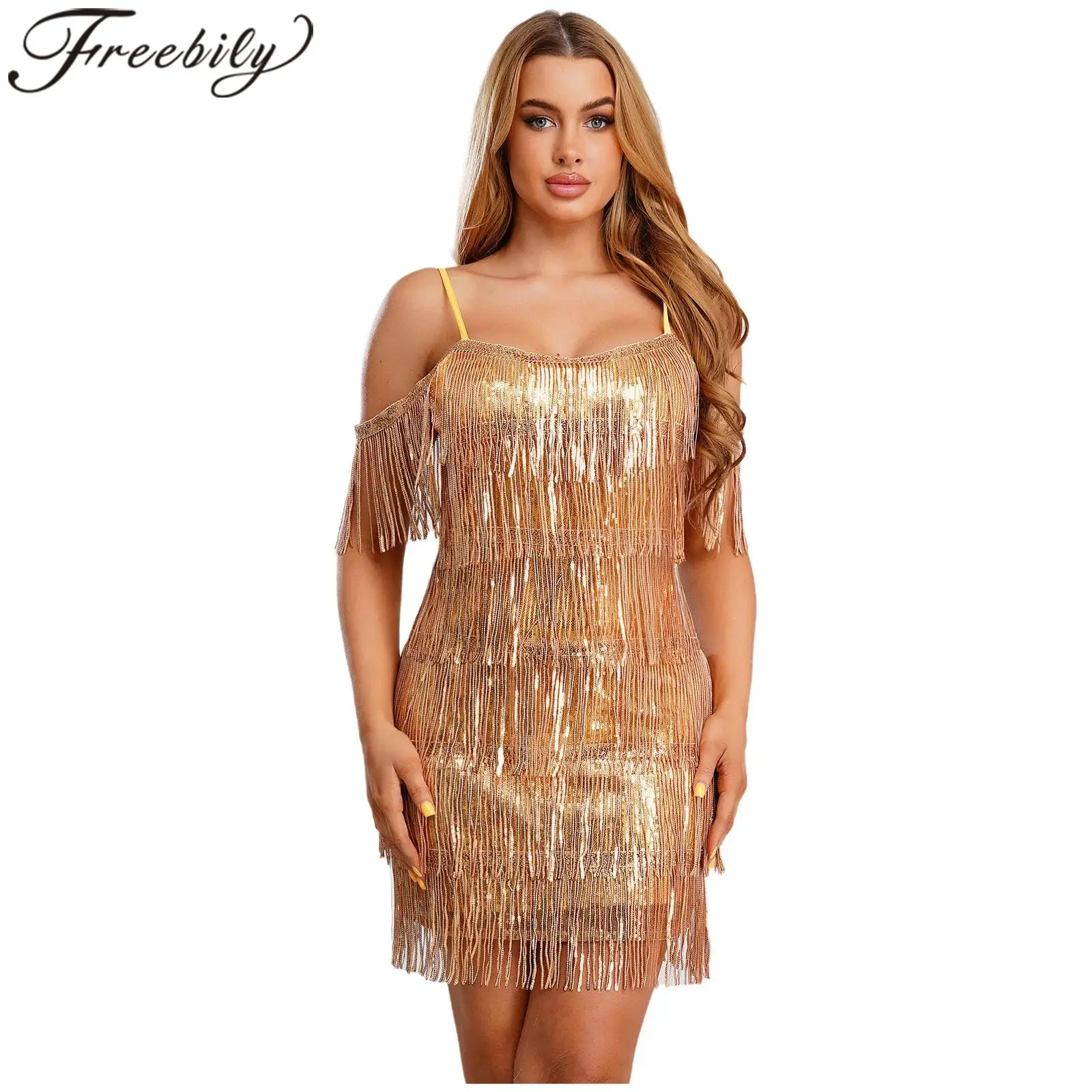 

Women Latin Dance Costume Ballroom Salsa Chacha Proms Disco Clubwear Tango Cocktail Dress Glittery Sequins Tassel Mini Dress