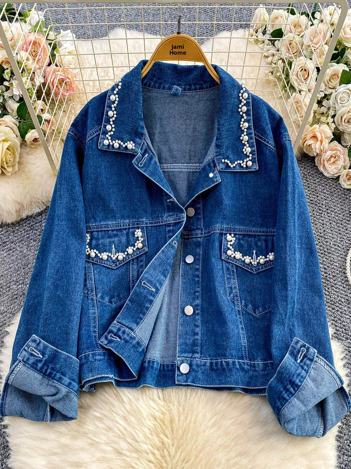 

Long Sve Denim Jaet Women's Loose Fit Slimming Embellied Button up Casual Sle Autumn Winter Outerwear