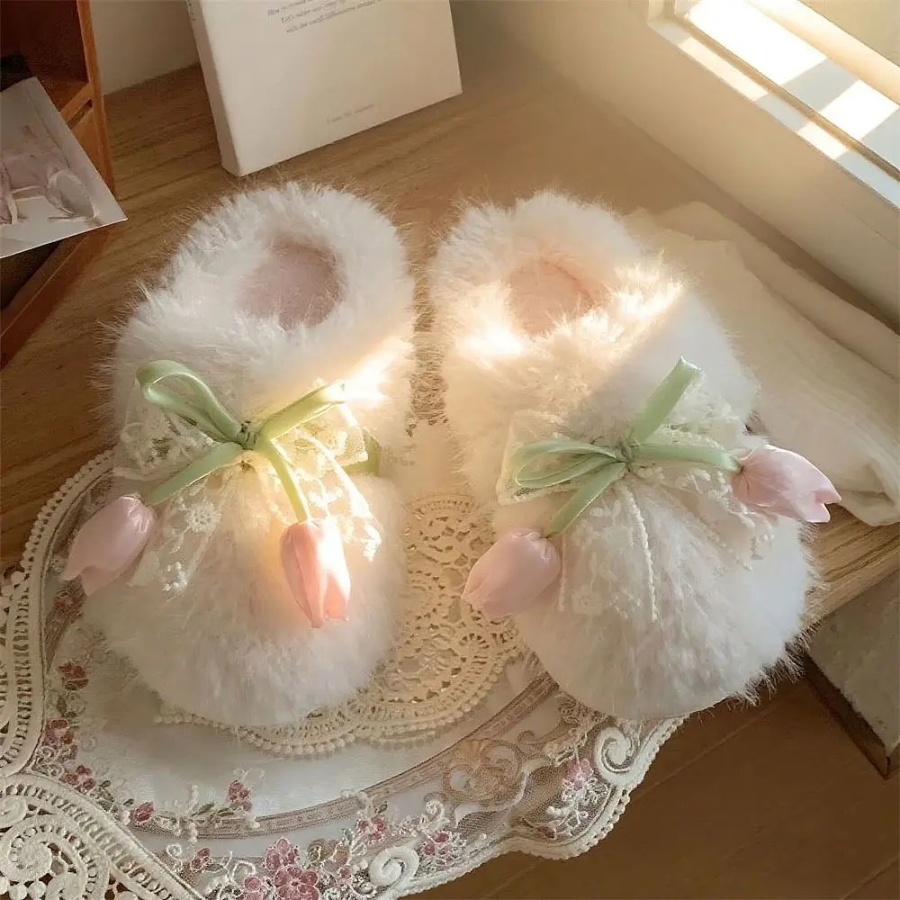 

2025 New French Tulip Lace Fuzzy Slippers Winter Women's Plush Warm Cotton Slippers Girls Sweet Thick Bottom Soft Home Slippers
