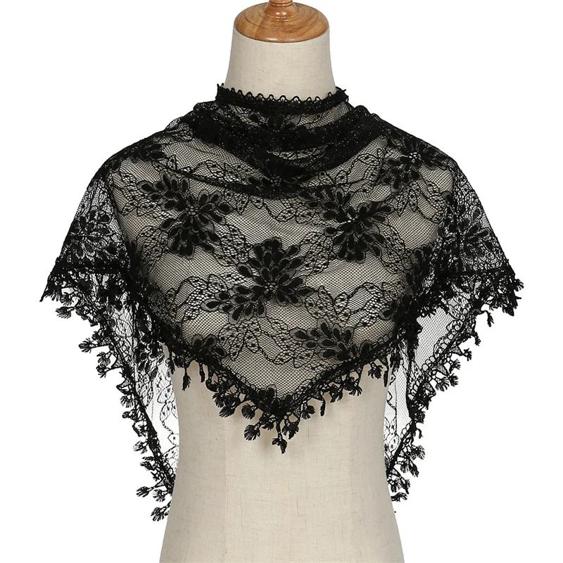 Women Lace Scarf for Church Tassel Triangle Scarf Sheer Floral Scarves Church Prayer Shawl Spanish Mantilla Lace Bufanda Mujer