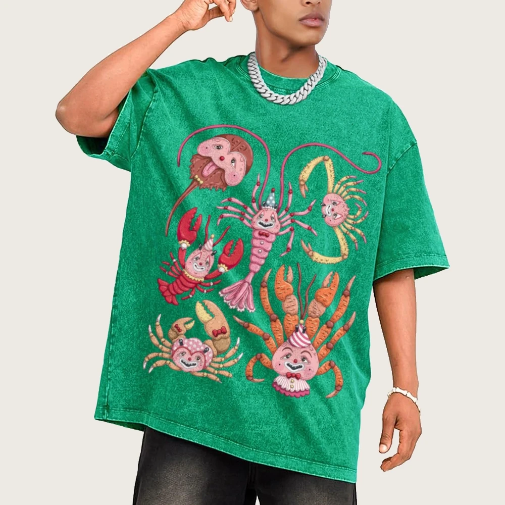 Cartoon Lobster Graphict-Shirt Summer Men's Casual Cotton Top Hip-Hop Street Short-Sleeved Retro Y2k Style Women's Tee Oversize