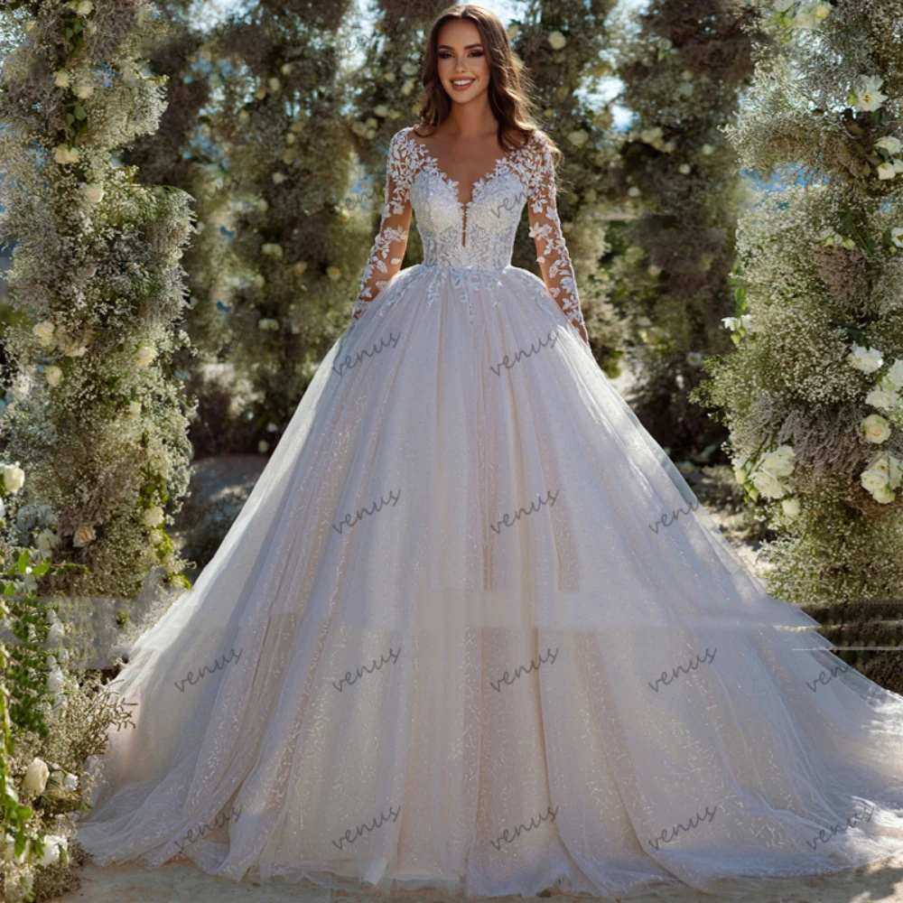 Glitter Wedding Dresses A-Line Tulle Tiered Bridal Gowns Lace Appliques Full Sleeves Robe For Bride Vestidos De Novia Customized image 3