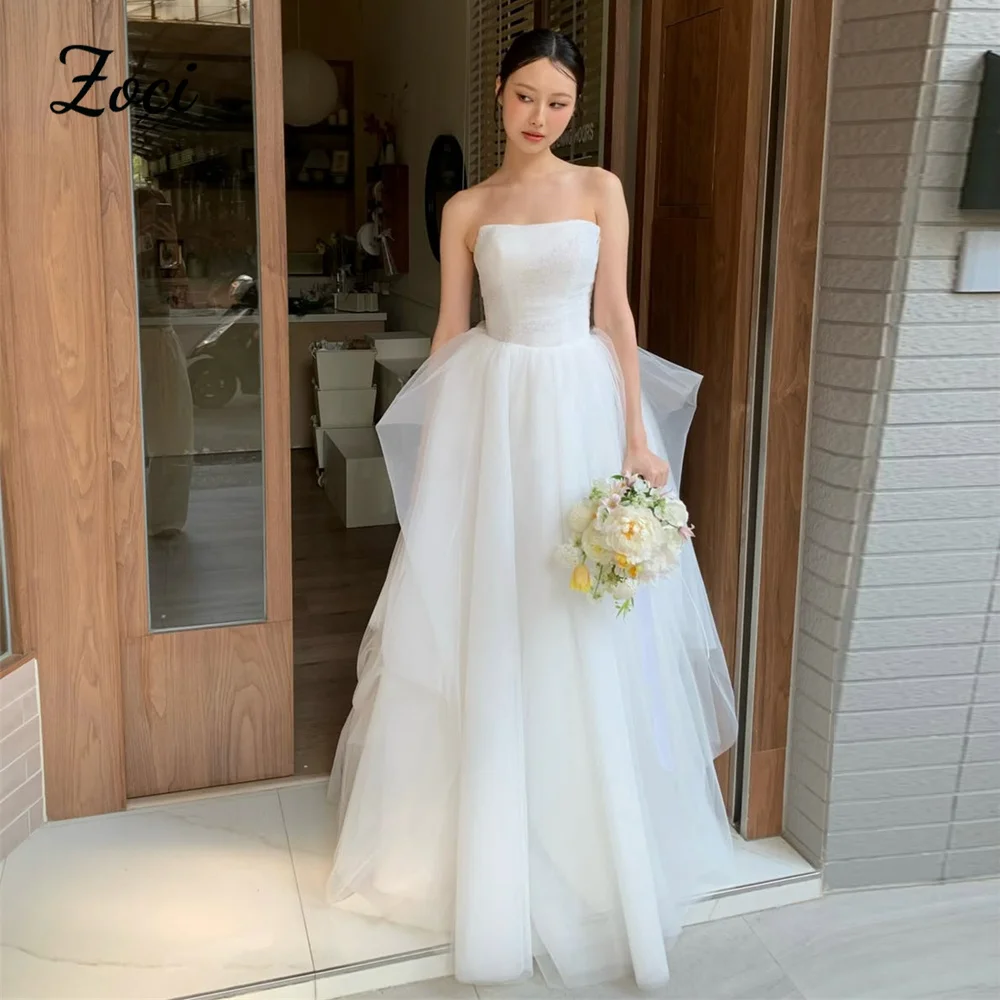 Zoci Fantasy Soft Tulle Princess Korea Wedding Dress Customised A-line Strapless Evening Gowns Bride Wedding Photoshoot Dresses