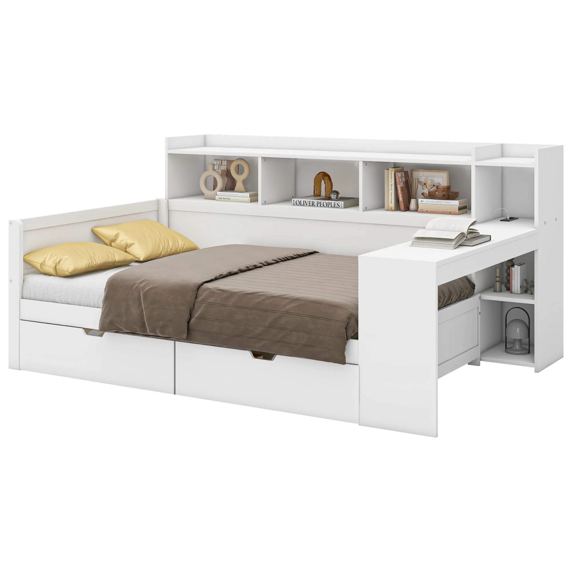 Sofa bed, Daybed, Day bed, 90x200 cm, Bedside shelf and Under table shelf, bed with socket and USB Port