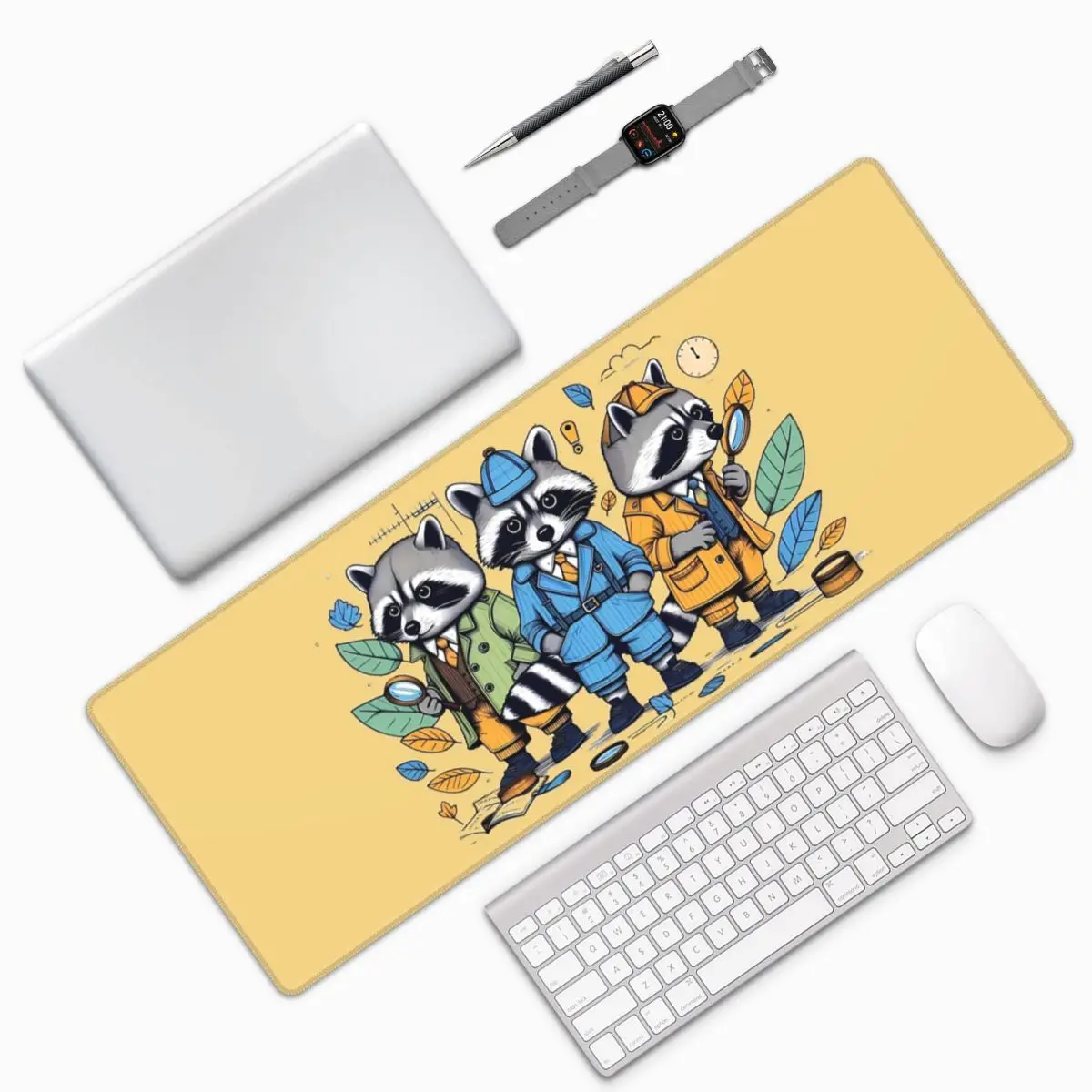 Raccoon Detectives Large Mouse Pad Computer Keyboard Mouse Mat Gaming PC Laptop Desk Mat Office Accessories Table Mats