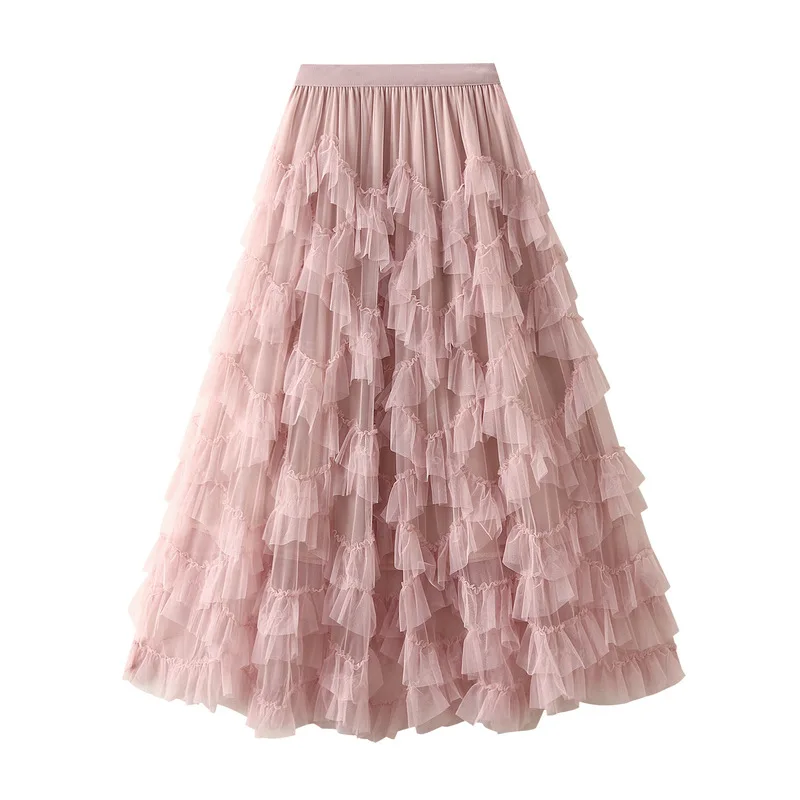 Fashion mesh skirt women's high waist A-line yarn splicing loose skirt multifunctional 2025 new pleated skirt princess skirt