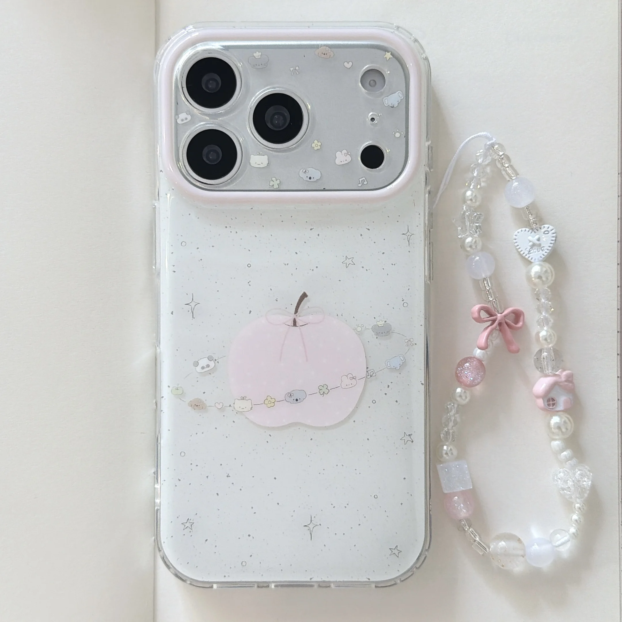 Trendy Pink Apple Glitter Print with Beaded Wrist Strap Cute Phone Case for iPhone 17 16 15 14 11 12 13 Pro Max Plus Back Cover