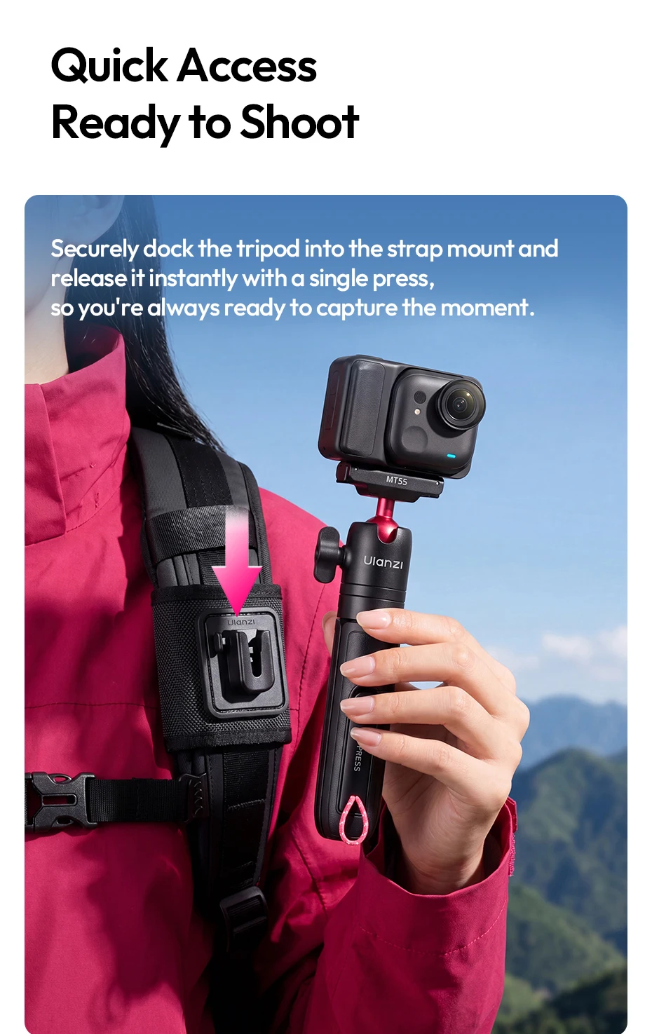 Ulanzi MT55 SnapGo Mini Selfie-Stick Stativ Overhead Mantis Rucksackhalterung für DJI Action6/Nano für Insta360 Go Ultra für Reisen – Detail 7