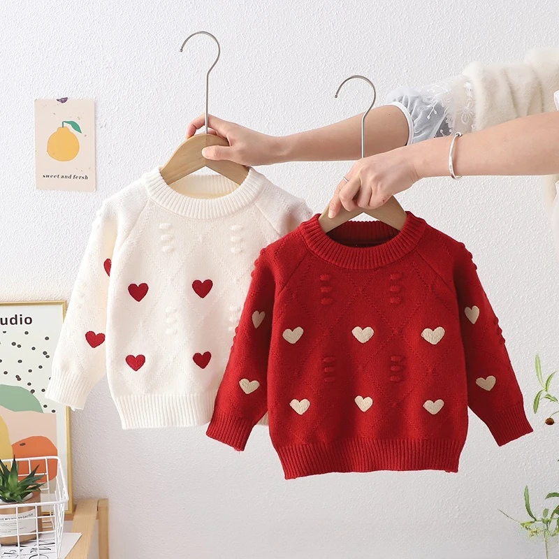 

New Fall Little Girl Casual Flower Heart-shape Baby Girl Cute Pullover Knitwear Spring Kids Party Gift Princess Sweaters IY06221