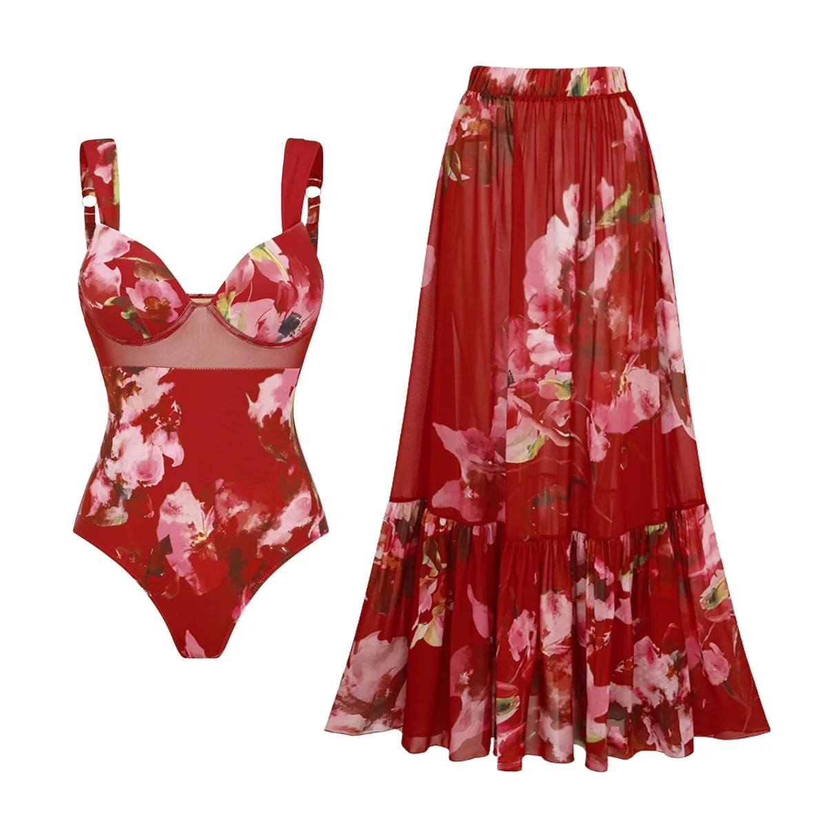2026 New Women 2‑Piece Red Floral Print One‑Piece Swimsuit Chiffon Long Maxi Skirt Cover‑Up Wide Strap Beach Resort Swimwear Set