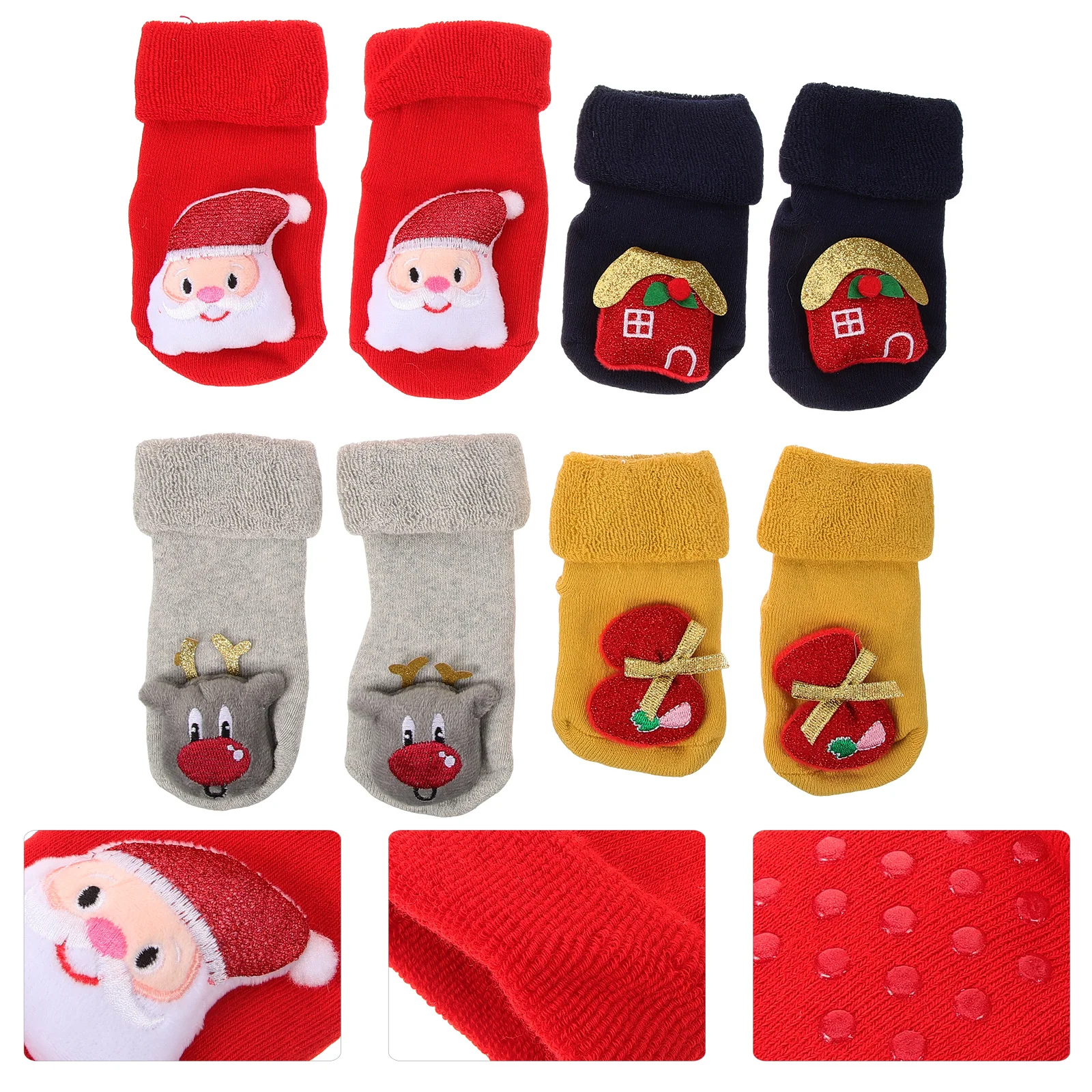 4Pairs Christmas Baby Socks Knitted Winter Floor Socks with Anti-Slip Sole Soft Lightweight Warm for Kids Comfortable Holiday