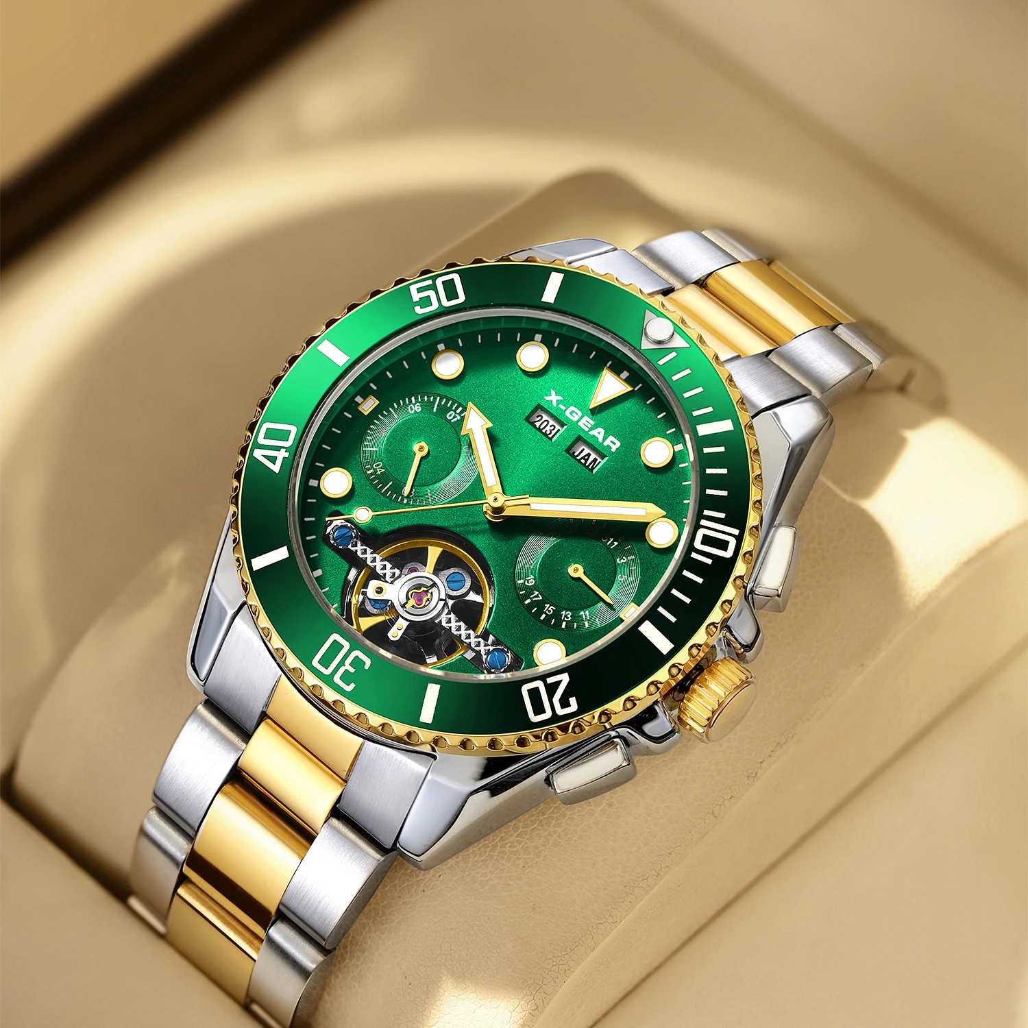 

X-GEAR Мужские зеленые механические часы Модные водонепроницаемые светящиеся многофункциональные часы из нержавеющей стали Роскошный автоматический турбийон