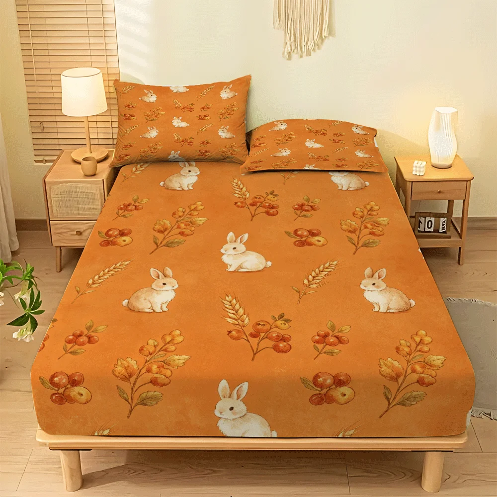 Holiday Decoration Mattress Protector with Pillowcase, Cute Rabbit Design, 1 Fitted Sheet + 2 Pillowcases (Without Filling) 2D Flat Printing, Mattress Protector, Fitted Sheet Cover, Mattress Cover, Elastic Fitted Sheet Cover, King/Twin/Queen Size, Master Bedroom and Guest Room Decoration, Dustproof and Stain-Resistant, High Elasticity, Fits Various Sizes