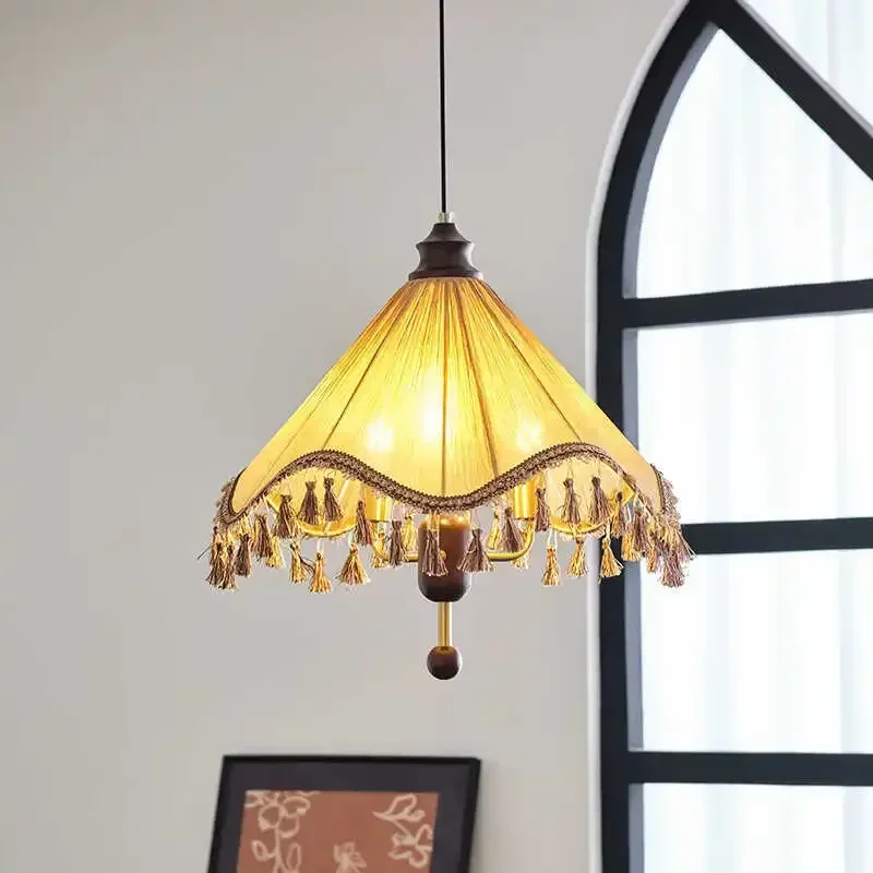 

SANDYHA Retro Fabric Pendant Light Tassel Chandelier LED Hanging Lamp for Bedroom Living Room Dining Table Ceiling Decor