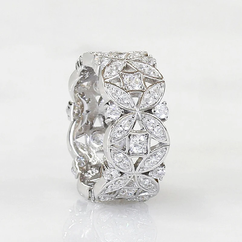 Huitan الجمالية النساء خواتم فضية اللون زهرة الجوف التدريجي تصميم اكسسوارات لحفل الزفاف مجوهرات الأزياء مطعمة لامعة تشيكوسلوفاكيا