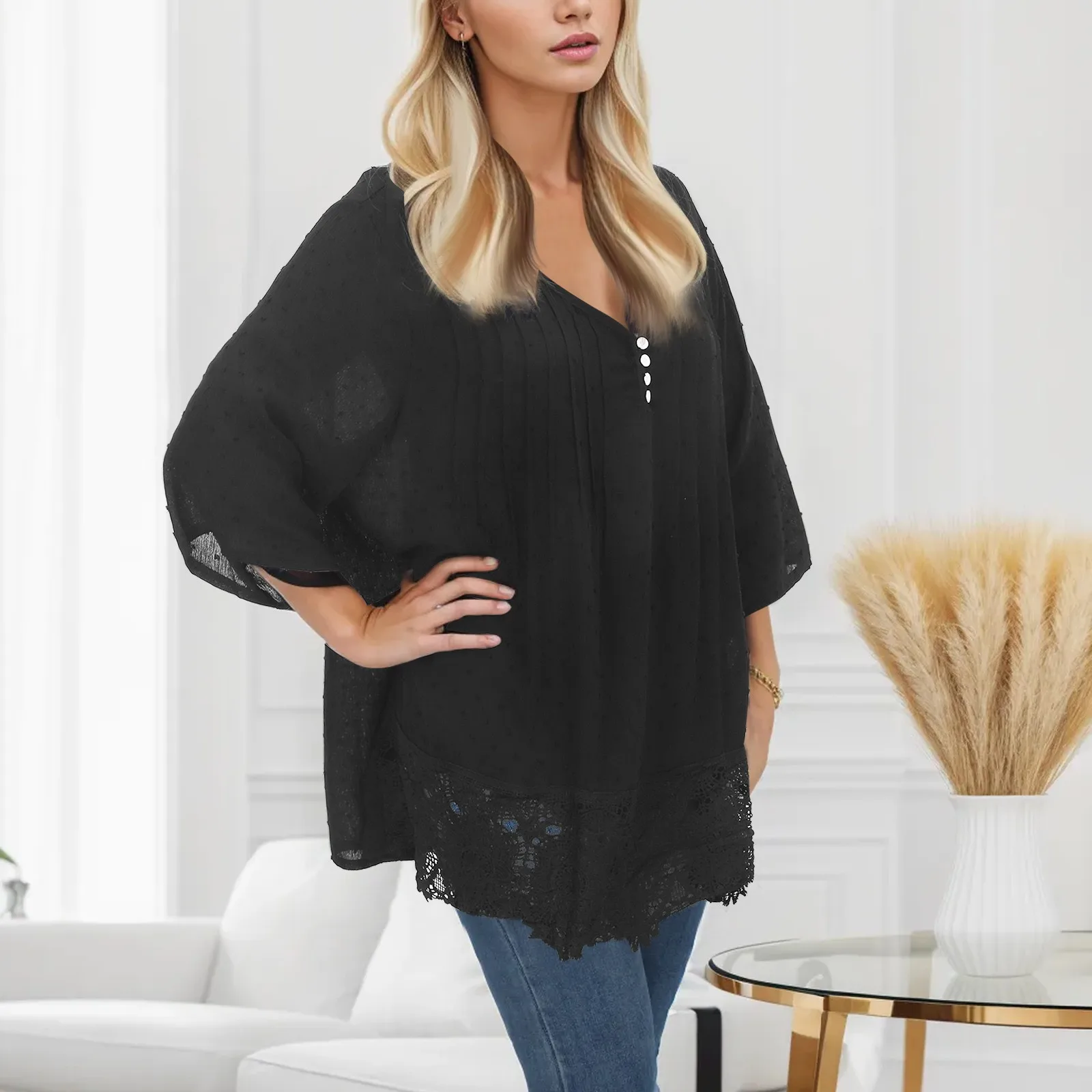 

Women's Lace Ruffled Cotton And Linen Shirts Plus Size Loose Tops Solid Color Vintage V Neck Three Quarter Sleeve Casual Shirts