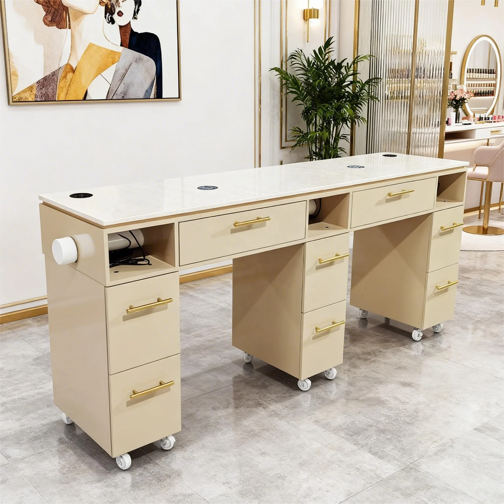 Luxury Modern Nail Salon Furniture Professional MDF Double Manicure Table with Marble Top Chair and Extractor Fan