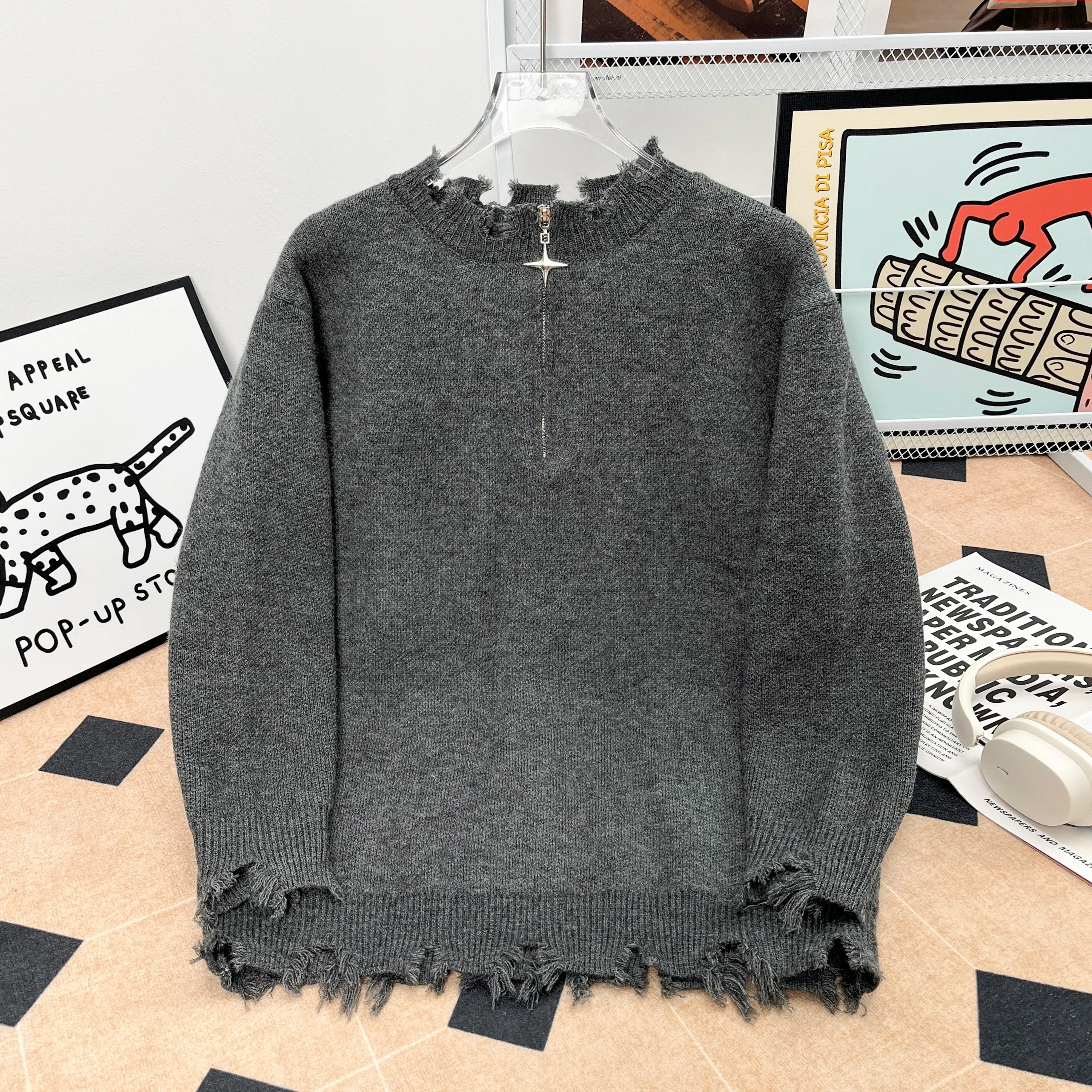 

Loose American Lazy Sle f Zip Knitwear Men Women High Street Hip Hop Destroy Design Trendy Brand Couple Knitted Sweater