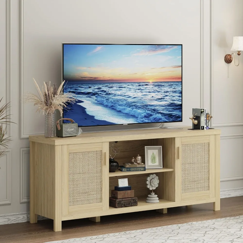 

TV Stand for 65 inch TV, Modern Mid Century Entertainment Center with Storage, Media Consol with Natural wood rattan Door Cabine