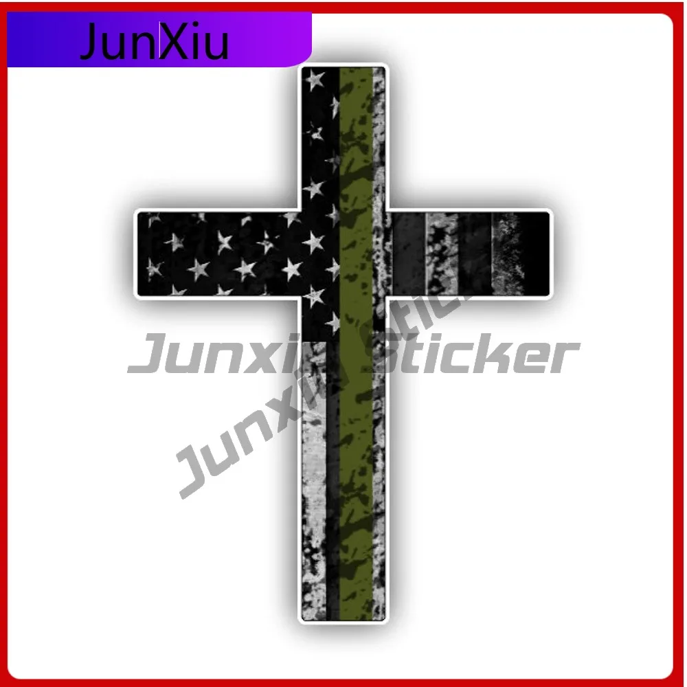 

Military Green Thin Line Support Cross Sticker For Motorcycle Bicycle Skateboard Laptop Luggage Bumper Scratch-proof Exterior