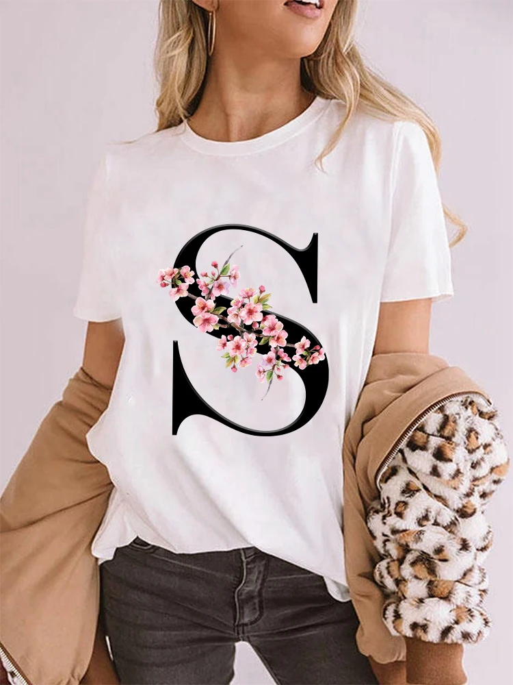 Elegant Cherry Blossom Initial A-Z T-shirt Women Crewneck Floral Letter Graphic Girls Y2K Tops Fashion Mama Birthday Gift Tshirt