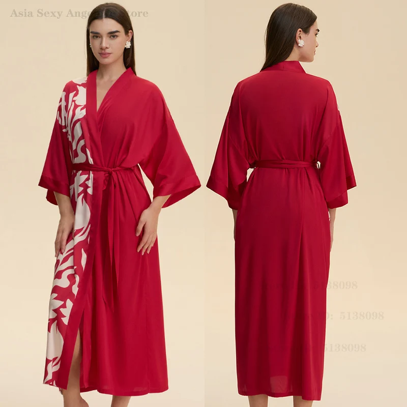 Oversized Women's Morning Robe Silky Satin Nightgown Home Dressing Gown Sexy Bathrobe Kimono Print Flower Sleepwear Loungewear