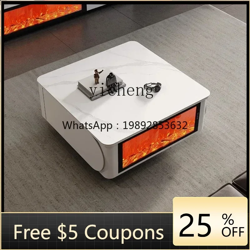R1  living room 3D electronic fireplace creative square rock slab coffee table villa size apartment