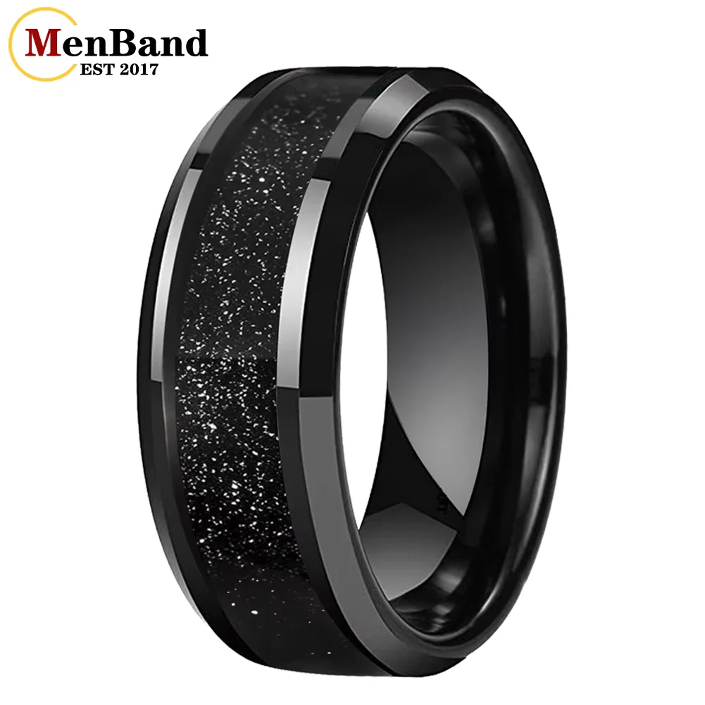 

MenBand Men's 8MM Custom Tungsten Carbide Ring Galaxy Black Sandstone Inlay Beveled Edges High Polished Wedding Band