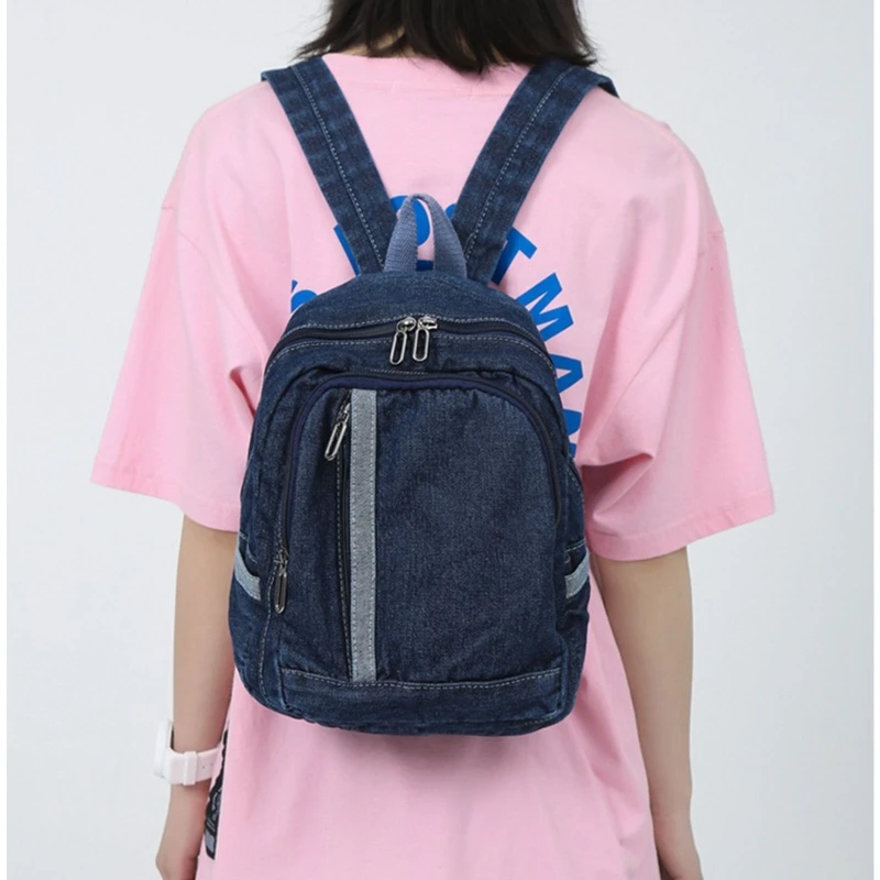 E74B Portable Leisure Blue Jean Backpack Daypack Denim Schoolbag Double Shoulder Rucksack Surprise Gift for Girlfriend