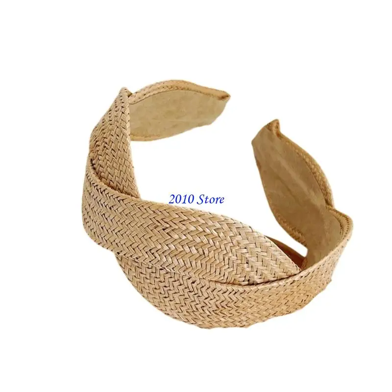 

F3MF Natural Straw Woven Headbands Wide Elastic Band Hair Accessory Breathable Unisex For Summer Outdoor Activity