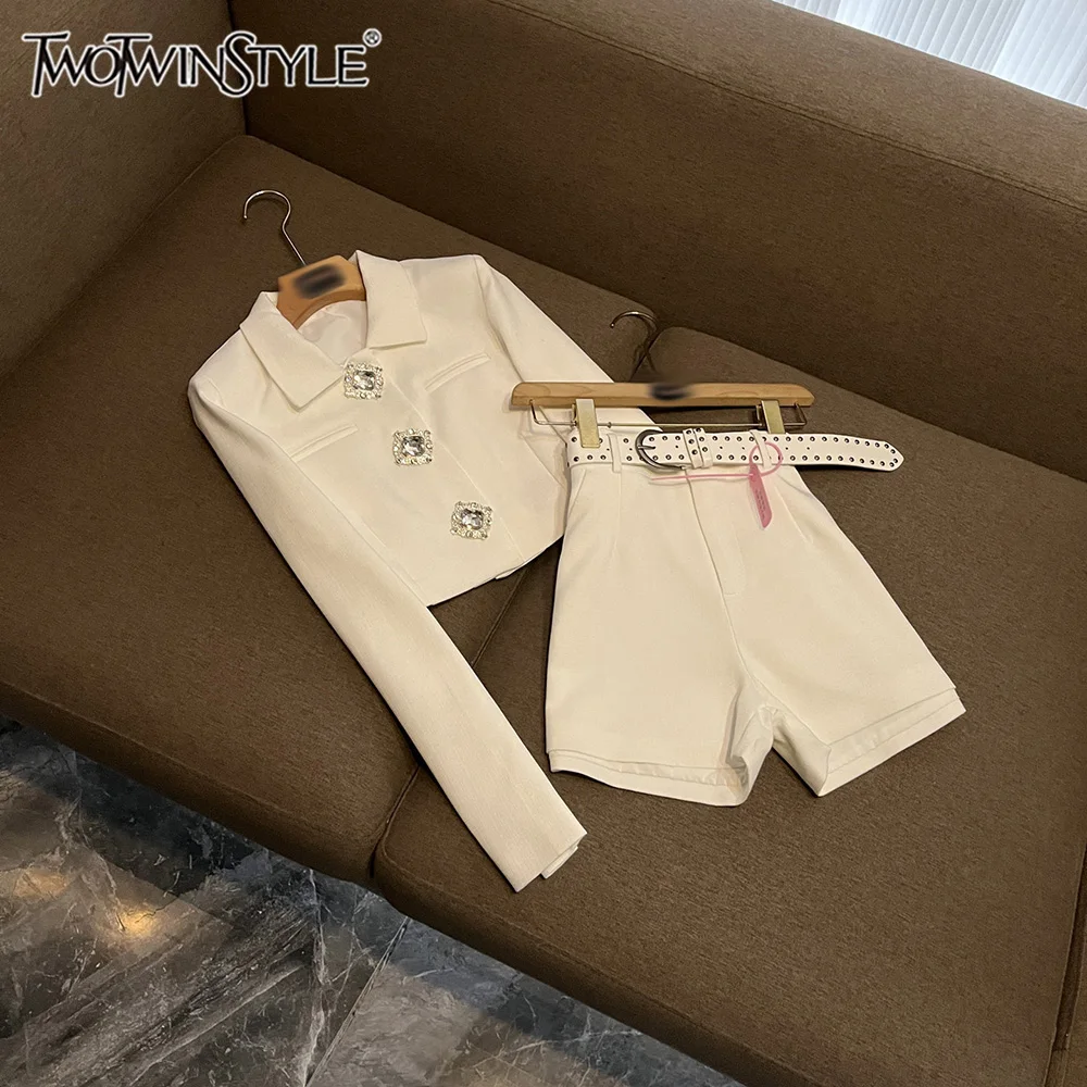 

TWOTWINSTYLE Casual Solid Slimming Two Piece Sets For Women Lapel Long Sleeve Top High Waist Shorts Sexy Set Female KSE552850