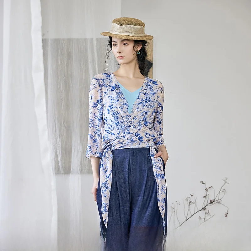 

Ele Retro Print Slim Fit irt Women's New Arrival Spring 2025 Breathable Polyester Fiber V-Ne Seven Sve Length