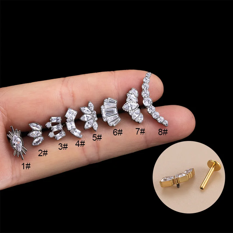 

1PC ASTM F136 G23 Titanium Piercing Labret Studs Horse's Eye Crown CZ Internal Thread Lip Ear Stud Helix Cartilage Body Jewelry