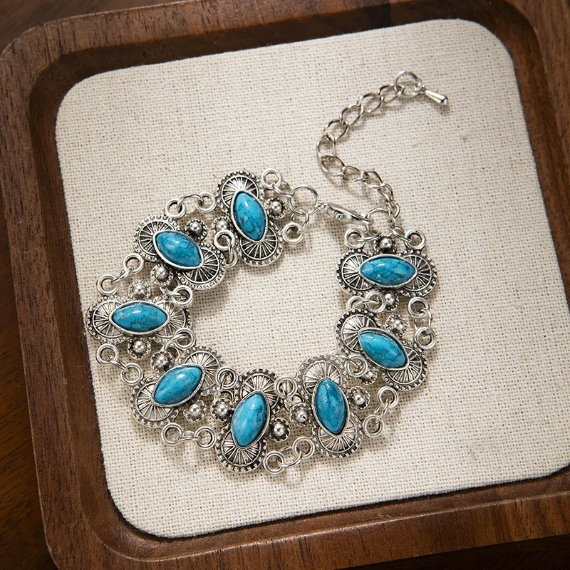 Ethnic Style Faux Turquoise Silver Bracelet For Women Trendy Bohemian Ornate Link Bangle Jewelry Party Daily Accessory Lady Gift